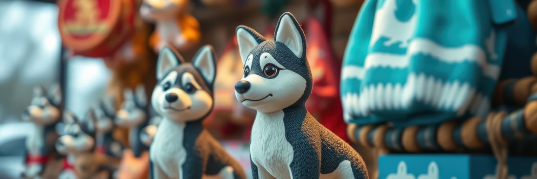 Colorful husky figurines displayed at a market stall during a sunny afternoon in a vibrant local marketplace photo