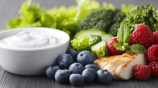 A bowl of yogurt, berries, and chicken photo