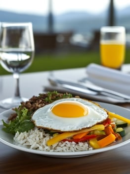 A plate with rice, vegetables and an egg on it photo