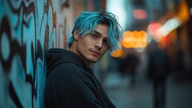 Young person with electric blue hair poses by colorful graffiti in the city photo