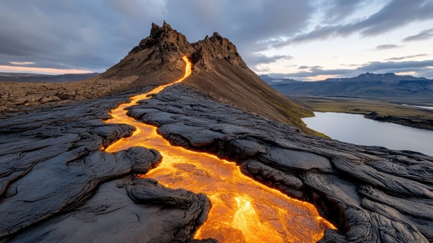 The lava flows into the water at sunset photo