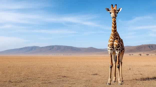 A giraffe standing in the middle of an open field photo
