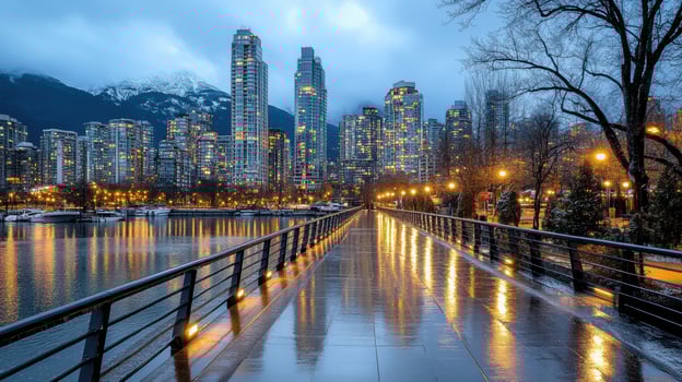 A walkway along the water with buildings in the background photo