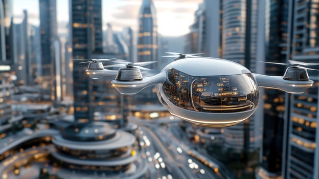 A futuristic flying vehicle is flying over a city photo