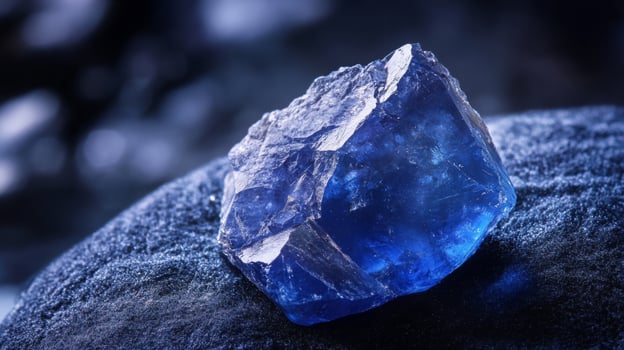 Captivating sapphire gemstone with textured rock bed under a soft ethereal glow backdrop photo