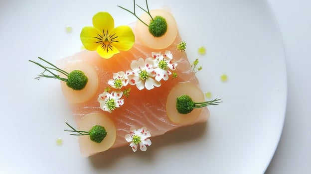 A plate with a piece of fish and flowers photo