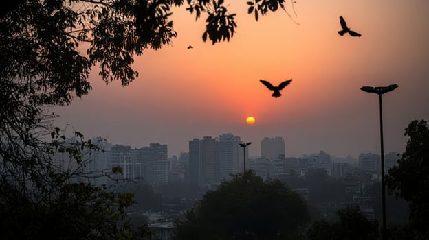 city skyline at sunset with birds flying and pollution haze photo