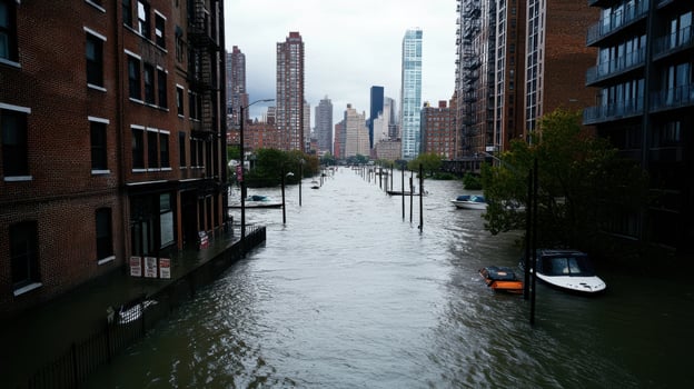 A flooded street in a city with tall buildings photo