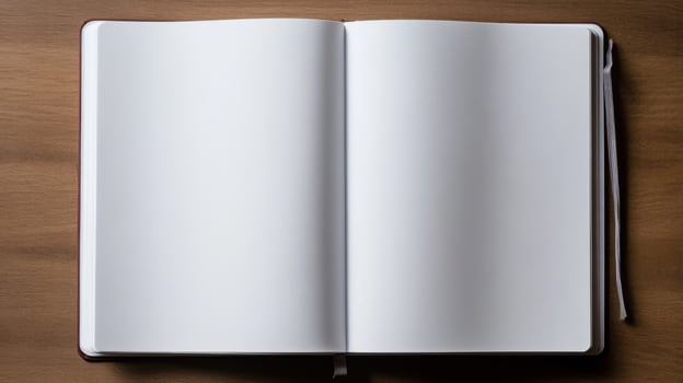 An open white notebook on a wooden table photo