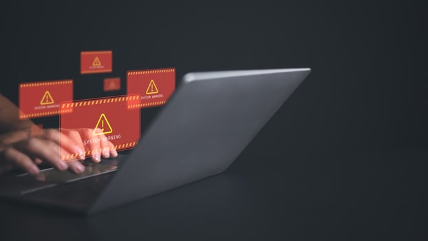 System warning sign for notification, Cyber attack on computer network, System hacked alert due to cyber attack on computer network, Data Protection, Internet virus cyber security and cybercrime. photo