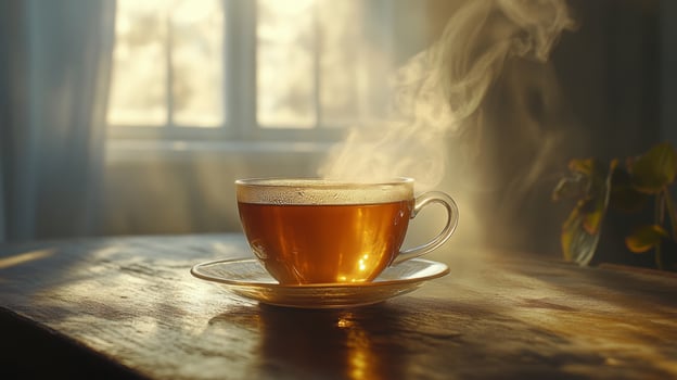 Sunlit tranquility a steaming cup of tea capturing the essence of a peaceful morning photo