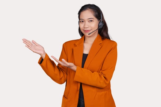 Young Woman Customer Service Representative Agent Presenting or Explaining Isolated On White Background photo