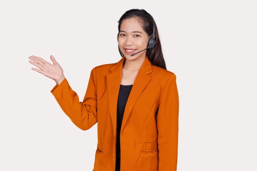Young Female Customer Service Representative Agent Presenting or Explaining Isolated On White Background photo