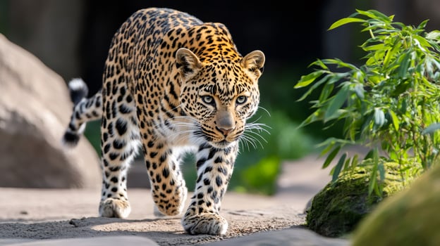 Leopard walking in the jungle looking for prey photo
