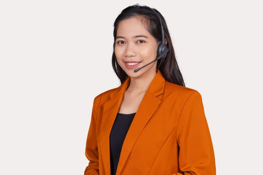 Young Woman Customer Service Representative Agent Smiling Isolated On White Background photo