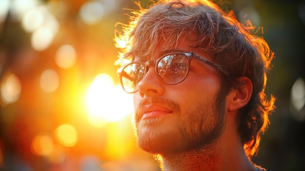 A man with glasses and a beard is looking into the sun photo