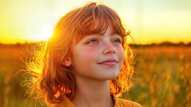 A young girl is looking up at the sun photo