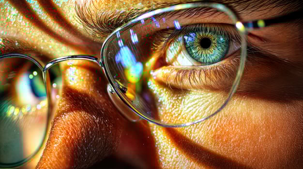 A close up of a man wearing glasses and a blue eye photo
