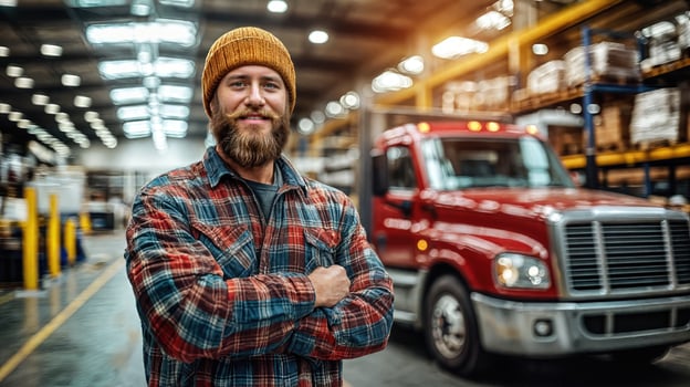A man in a plaid shirt standing in front of a truck photo