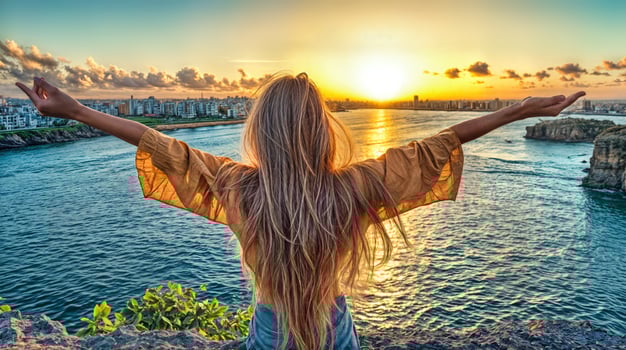 A woman with her arms outstretched at the sunset photo