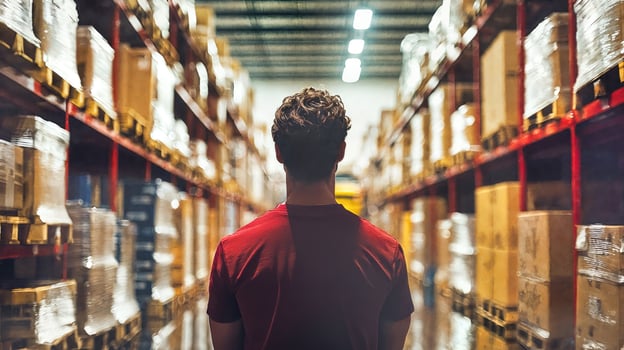 A man is standing in a warehouse aisle photo