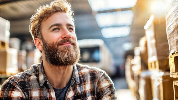 A man with a beard and plaid shirt in a warehouse photo