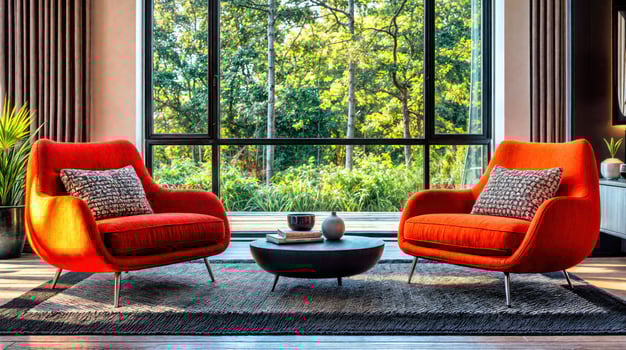 Two orange chairs in front of a large window photo