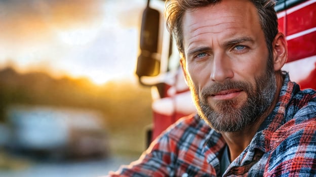 A man with a beard and plaid shirt sitting in front of a red truck photo
