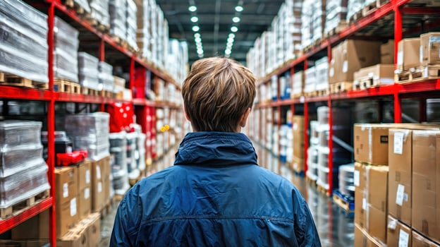 A person standing in a warehouse aisle with boxes photo