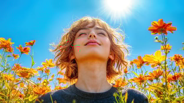 A young boy is looking up at the sun photo