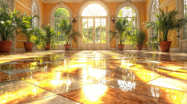 A large room with lots of plants and a large window photo