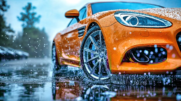 Orange sports car with chrome alloy wheels in rain puddle. Luxury vehicle with water droplets and splashes on wet road. Premium automotive design detail. Performance photo