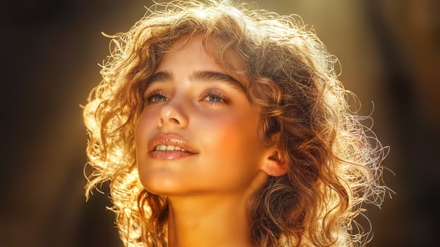 A woman with curly hair and a sun shining on her face photo