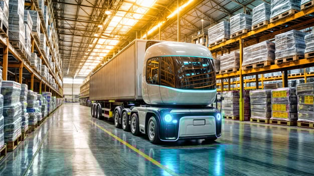 Autonomous electric robotic truck with cargo trailer in modern automated warehouse. Smart logistics technology intelligent transport system and distribution facility. Industrial storage operations photo