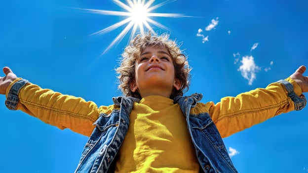 A young boy is standing with his arms outstretched and his hands up in the air photo