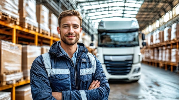 A man standing in front of a warehouse with a truck in the background photo
