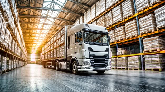 A truck is driving through a warehouse photo