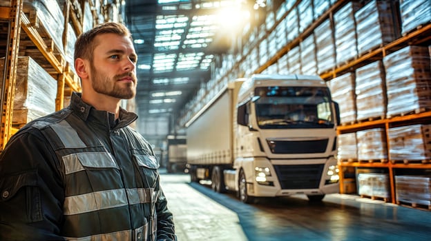 A man standing in front of a warehouse with trucks photo
