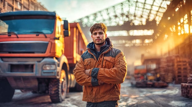 A man standing in front of a truck photo