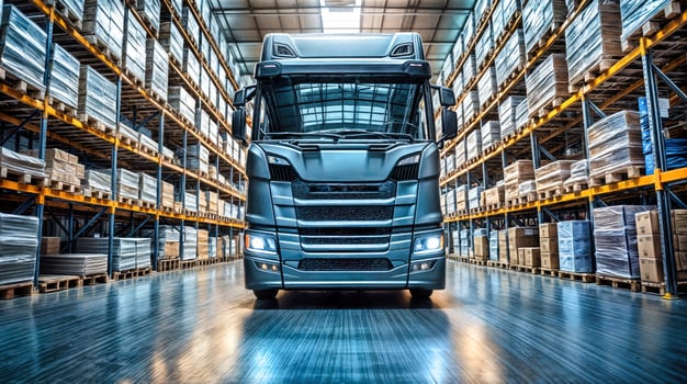 Freight truck in industrial warehouse with storage racks and pallets. Electric commercial vehicle amid distribution center infrastructure. Logistics transport cargo delivery photo