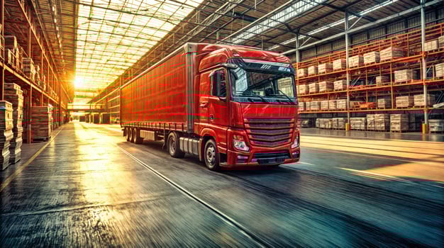 A red truck driving through a warehouse photo