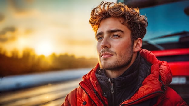 A man in a red jacket and red scarf is looking off to the side photo