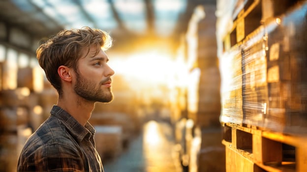 A man standing in a warehouse looking at something photo
