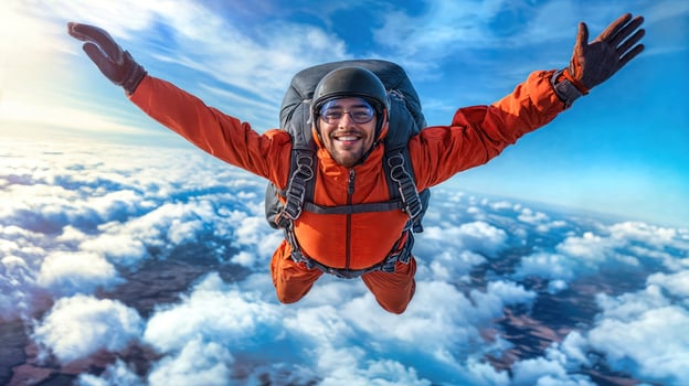 A man in an orange jacket is flying through the air photo