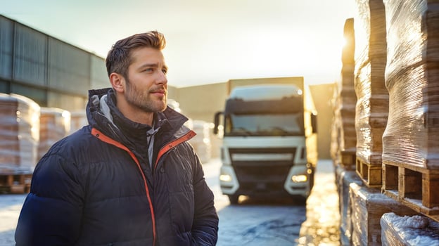A man standing in front of a truck photo