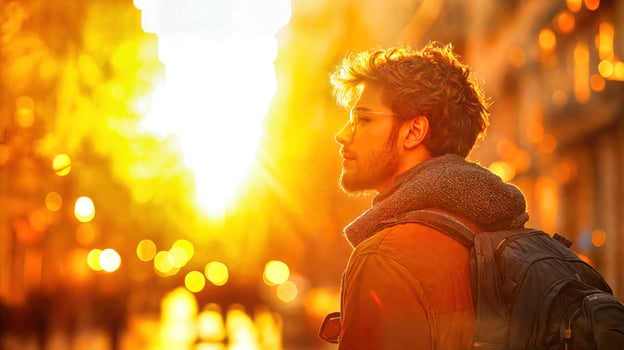 A man with a backpack walking down a street at sunset photo
