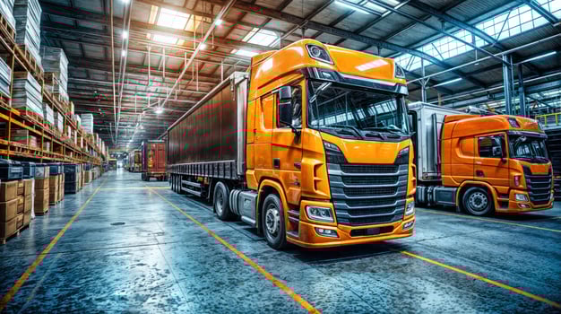 Truck in warehouse with orange and black trucks photo