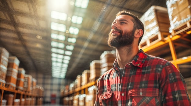 A man in a warehouse with a beard and plaid shirt photo