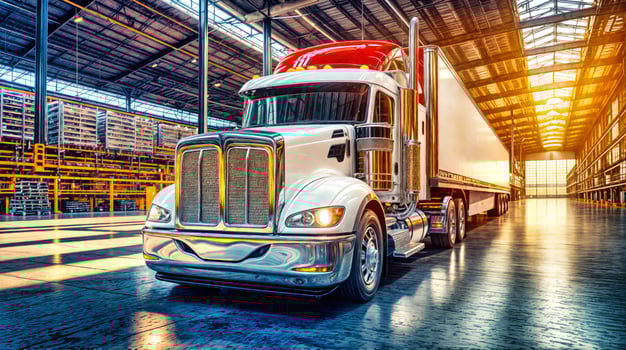 A large semi truck in a warehouse photo