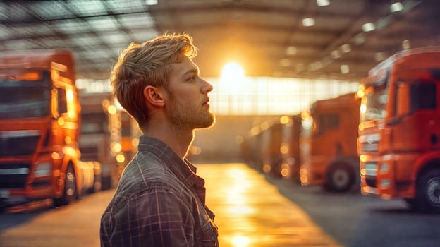 A man standing in front of trucks in a warehouse photo